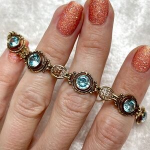 Vintage Art Deco 10K Solid Gold Natural Blue Zircon 5cts Fancy Link Bracelet